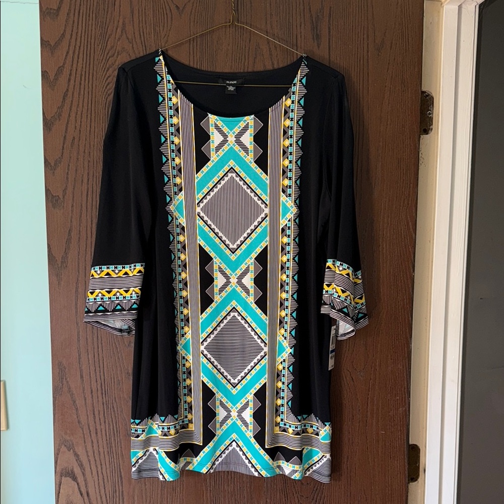 Alfani Black and Blue Graphic Tunic Midi Dress with 3/4 Sleeves